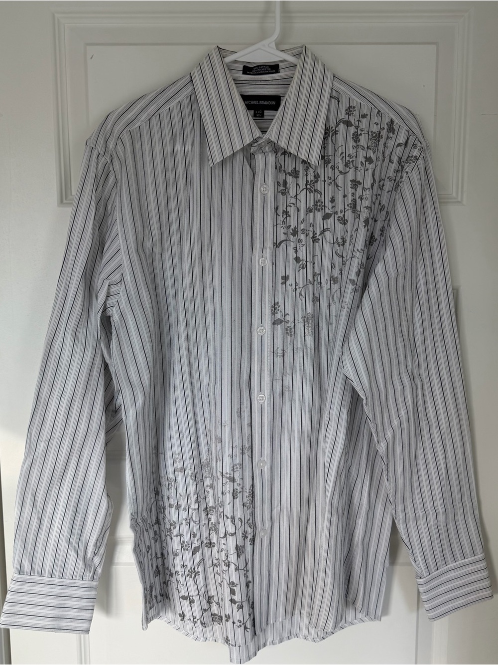 Michael Brandon Striped Floral Accent Long-Sleeve Shirt - White/Grey